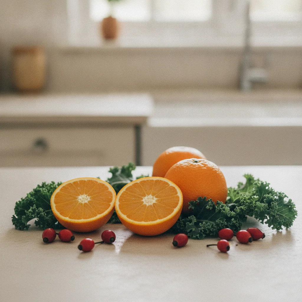 Sinaasappels, rozenbottels en groene bladeren op een lichte keukentafel voor vitamine C